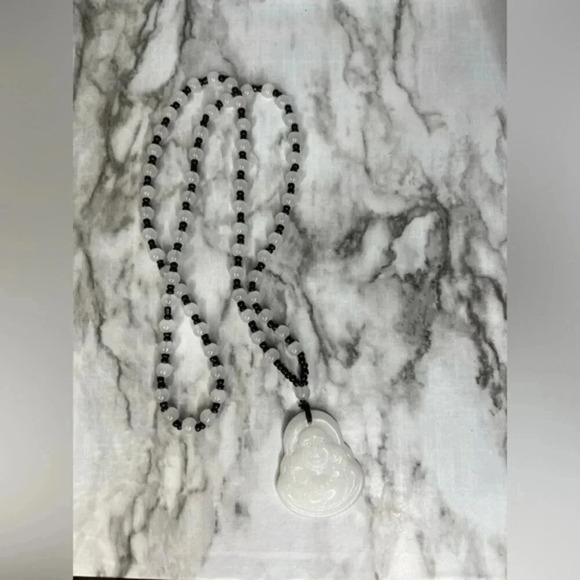 White JADE Hand Carved Maitreya Buddah Pendant Necklace - Picture 2 of 6